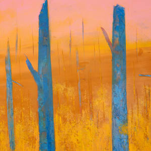 "Fire Sky" by Steven McHugh  Image: Detail view of  "Fire Sky," abstract landscape painting by Madeline Island artist Steve McHugh. This original oil and cold wax masterpiece on wood panel brings to life the fiery hues of last summer's forest fires and the vibrant, ever-changing sky over the marsh on the Island. Measuring at 20" x 16", the lower area of the painting features rich, bold yellows and gold, juxtaposed against blue vertical trees. The simple, natural wood gallery floating frame enhances the raw, organic feel of this captivating artwork. Add a touch of nature's magnificence to your space with "Fire Sky".

The artwork is a striking painting showcasing a vibrant and abstract scene. Dominated by tall, slender tree trunks painted in varying shades of blue, the trees rise from a vivid, yellow foreground. The background transitions into a warm gradient of orange and finally a soft pink sky, creating an otherworldly atmosphere. The use of bold, contrasting colors and minimalistic forms evokes a sense of surrealism, portraying a forest-like landscape that feels both familiar yet fantastical.

Shipping and sales taxes will be collect after determination of it's destination.