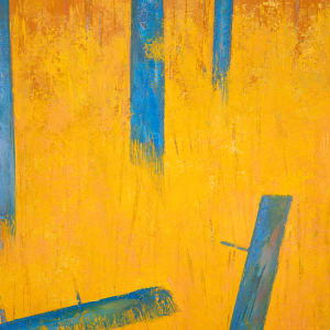 "Fire Sky" by Steven McHugh  Image: Detail view of  "Fire Sky," abstract landscape painting by Madeline Island artist Steve McHugh. This original oil and cold wax masterpiece on wood panel brings to life the fiery hues of last summer's forest fires and the vibrant, ever-changing sky over the marsh on the Island. Measuring at 20" x 16", the lower area of the painting features rich, bold yellows and gold, juxtaposed against blue vertical trees. The simple, natural wood gallery floating frame enhances the raw, organic feel of this captivating artwork. Add a touch of nature's magnificence to your space with "Fire Sky".

The artwork is a striking painting showcasing a vibrant and abstract scene. Dominated by tall, slender tree trunks painted in varying shades of blue, the trees rise from a vivid, yellow foreground. The background transitions into a warm gradient of orange and finally a soft pink sky, creating an otherworldly atmosphere. The use of bold, contrasting colors and minimalistic forms evokes a sense of surrealism, portraying a forest-like landscape that feels both familiar yet fantastical.

Shipping and sales taxes will be collect after determination of it's destination.