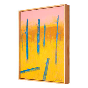 "Fire Sky" by Steven McHugh  Image: Side view of "Fire Sky," abstract landscape painting by Madeline Island artist Steve McHugh. This original oil and cold wax masterpiece on wood panel brings to life the fiery hues of last summer's forest fires and the vibrant, ever-changing sky over the marsh on the Island. Measuring at 20" x 16", the lower area of the painting features rich, bold yellows and gold, juxtaposed against blue vertical trees. The simple, natural wood gallery floating frame enhances the raw, organic feel of this captivating artwork. Add a touch of nature's magnificence to your space with "Fire Sky".

The artwork is a striking painting showcasing a vibrant and abstract scene. Dominated by tall, slender tree trunks painted in varying shades of blue, the trees rise from a vivid, yellow foreground. The background transitions into a warm gradient of orange and finally a soft pink sky, creating an otherworldly atmosphere. The use of bold, contrasting colors and minimalistic forms evokes a sense of surrealism, portraying a forest-like landscape that feels both familiar yet fantastical.

Shipping and sales taxes will be collect after determination of it's destination.