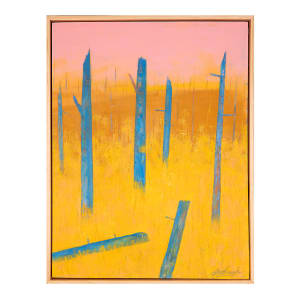 "Fire Sky" by Steven McHugh  Image: Experience the striking beauty of nature's elements captured in the "Fire Sky" abstract landscape painting by Madeline Island artist Steve McHugh. This original oil and cold wax masterpiece on wood panel brings to life the fiery hues of last summer's forest fires and the vibrant, ever-changing sky over the marsh on the Island. Measuring at 20" x 16", the lower area of the painting features rich, bold yellows and gold, juxtaposed against blue vertical trees. The simple, natural wood gallery floating frame enhances the raw, organic feel of this captivating artwork. Add a touch of nature's magnificence to your space with "Fire Sky".

The artwork is a striking painting showcasing a vibrant and abstract scene. Dominated by tall, slender tree trunks painted in varying shades of blue, the trees rise from a vivid, yellow foreground. The background transitions into a warm gradient of orange and finally a soft pink sky, creating an otherworldly atmosphere. The use of bold, contrasting colors and minimalistic forms evokes a sense of surrealism, portraying a forest-like landscape that feels both familiar yet fantastical.

Shipping and sales taxes will be collect after determination of it's destination.