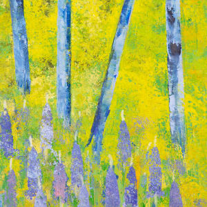 "Lupines #1" by Steven McHugh  Image: Detail view of "Lupines #1," an original abstract landscape created by the  Madeline Island Painter, Steve McHugh. Measuring at 16" x 12," this stunning piece captures the essence of spring with a vivid portrayal of a patch of lupine flowers and the Islands lagoon off in the distance. The bold colors, including the blue and white trees, and bright celery green foliage, add depth and vibrancy to the scene. The painting is elegantly framed in a natural wood gallery floating frame, making it the perfect addition to any art lover's collection. Bring the beauty of the outdoors into your home with this captivating and timeless work of art.

This painting is a vibrant, abstract painting depicting a nature scene. The composition includes several tall, slender trees with blue and white trunks. The background is a mix of bright yellow and green, suggesting a lush, sunlit forest floor. In the upper part of the painting, there is a section of sky painted in a gradient from blue to yellow,  sunset and the lagoon. The lower part includes numerous purple flower-like lupine shapes, adding a pop of contrasting color to the scene. The style is loose and impressionistic, using bold brushstrokes and vivid colors to create an emotionally engaging landscape. The overall mood of the painting is bright and cheerful, evoking a sense of the natural beauty of a sun-drenched forest. 

Shipping costs and sales tax will be added after destination is determined.