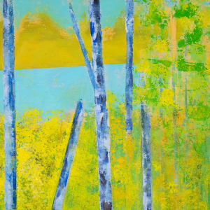 "Lupines #1" by Steven McHugh  Image: Detail view of "Lupines #1," an original abstract landscape created by the  Madeline Island Painter, Steve McHugh. Measuring at 16" x 12," this stunning piece captures the essence of spring with a vivid portrayal of a patch of lupine flowers and the Islands lagoon off in the distance. The bold colors, including the blue and white trees, and bright celery green foliage, add depth and vibrancy to the scene. The painting is elegantly framed in a natural wood gallery floating frame, making it the perfect addition to any art lover's collection. Bring the beauty of the outdoors into your home with this captivating and timeless work of art.

This painting is a vibrant, abstract painting depicting a nature scene. The composition includes several tall, slender trees with blue and white trunks. The background is a mix of bright yellow and green, suggesting a lush, sunlit forest floor. In the upper part of the painting, there is a section of sky painted in a gradient from blue to yellow,  sunset and the lagoon. The lower part includes numerous purple flower-like lupine shapes, adding a pop of contrasting color to the scene. The style is loose and impressionistic, using bold brushstrokes and vivid colors to create an emotionally engaging landscape. The overall mood of the painting is bright and cheerful, evoking a sense of the natural beauty of a sun-drenched forest. 

Shipping costs and sales tax will be added after destination is determined.