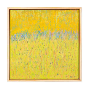 "Moments In The Grass" by Steven McHugh  Image: "Moments is based on my childhood experience of laying on my belly in the tall summer grasses.  You see the tops of the tallest grasses and the foreground and background are just a blur."

"Moments In The Grass" is a stunning abstract painting by Madeline Island painter Steve McHugh. This vibrant piece features bold shades of yellow that are dominant throughout the composition, bringing warmth and energy to any space. Created with oil, cold wax, and wax crayons on a 12" x 12" wood panel, the mixed media technique adds depth and texture to the artwork. The painting is elegantly framed in a natural wood gallery floating frame, adding a contemporary touch to the piece. "Moments In The Grass" is a delightful addition to any art collection, perfect for bringing a sense of joy and vitality to any room.

The artwork is a vibrant abstract painting characterized by a blend of colors and textures that evoke a sense of nature. The upper part of the canvas is dominated by warm yellow hues, transitioning into a band of cooler, softer blues, purples, and greens, creating a subtle gradient effect. The lower portion of the painting features a sea of lighter yellows and greens with scattered, fine vertical and diagonal strokes in dark blue, pink, and orange. These strokes create an impression of movement, reminiscent of tall grass swaying in the wind. The overall composition is dynamic yet harmonious, offering a visual experience that is both lively and calming.

Shipping costs and sales tax will be added after destination is determined.