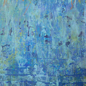 "Memories" by Steven McHugh  Image: "Memories is based on my childhood experience of laying on my belly in the tall summer grasses.  You see the tops of the tallest grasses and the foreground and background are just a blur." 

Detail view of "Memories," a stunning abstract expressionist mixed media painting that combines vibrant blues with a bold horizontal line of colorful marks, capturing the essence of nostalgia and emotion. The original painting is a mesmerizing combination of oil, cold wax, and crayon marks, measuring 12" x 12" and beautifully framed in neutral wood in a gallery floating frame. This unique piece of art is a perfect addition to any art collection, adding a touch of modern elegance to any space. Created with a careful balance of texture and color, "Memories" is a visual representation of the beauty found in introspection and the passage of time. Each brushstroke and mark in this beautiful painting tells a story of cherished memories and thoughtful reflection.

The artwork is an abstract painting consisting of a blend of blues, greens, and oranges. The lower portion of the painting is dominated by intricate layers of varying shades of blue and green, creating an impression of depth and texture. The central area transitions into a vibrant band of orange and yellow hues, which are diffused and mixed in with some of the cooler tones. The upper portion of the painting features a textured, sky-like expanse of light blue with hints of gray and white strokes. The entire composition suggests a dynamic interplay between warm and cool colors, evoking a sense of movement and energy. The painting is set within a light wooden frame that complements its vibrant and dynamic nature.

 Shipping costs and sales tax will be added after destination is determined.