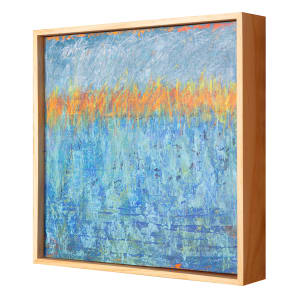 "Memories" by Steven McHugh  Image: "Memories is based on my childhood experience of laying on my belly in the tall summer grasses.  You see the tops of the tallest grasses and the foreground and background are just a blur." 

Side view of "Memories," a stunning abstract expressionist mixed media painting that combines vibrant blues with a bold horizontal line of colorful marks, capturing the essence of nostalgia and emotion. The original painting is a mesmerizing combination of oil, cold wax, and crayon marks, measuring 12" x 12" and beautifully framed in neutral wood in a gallery floating frame. This unique piece of art is a perfect addition to any art collection, adding a touch of modern elegance to any space. Created with a careful balance of texture and color, "Memories" is a visual representation of the beauty found in introspection and the passage of time. Each brushstroke and mark in this beautiful painting tells a story of cherished memories and thoughtful reflection.

The artwork is an abstract painting consisting of a blend of blues, greens, and oranges. The lower portion of the painting is dominated by intricate layers of varying shades of blue and green, creating an impression of depth and texture. The central area transitions into a vibrant band of orange and yellow hues, which are diffused and mixed in with some of the cooler tones. The upper portion of the painting features a textured, sky-like expanse of light blue with hints of gray and white strokes. The entire composition suggests a dynamic interplay between warm and cool colors, evoking a sense of movement and energy. The painting is set within a light wooden frame that complements its vibrant and dynamic nature.

 Shipping costs and sales tax will be added after destination is determined.