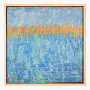 "Memories" by Steven McHugh  Image: "Memories is based on my childhood experience of laying on my belly in the tall summer grasses.  You see the tops of the tallest grasses and the foreground and background are just a blur." 

"Memories" is a stunning abstract expressionist mixed media painting that combines vibrant blues with a bold horizontal line of colorful marks, capturing the essence of nostalgia and emotion. The original painting is a mesmerizing combination of oil, cold wax, and crayon marks, measuring 12" x 12" and beautifully framed in neutral wood in a gallery floating frame. This unique piece of art is a perfect addition to any art collection, adding a touch of modern elegance to any space. Created with a careful balance of texture and color, "Memories" is a visual representation of the beauty found in introspection and the passage of time. Each brushstroke and mark in this beautiful painting tells a story of cherished memories and thoughtful reflection.

The artwork is an abstract painting consisting of a blend of blues, greens, and oranges. The lower portion of the painting is dominated by intricate layers of varying shades of blue and green, creating an impression of depth and texture. The central area transitions into a vibrant band of orange and yellow hues, which are diffused and mixed in with some of the cooler tones. The upper portion of the painting features a textured, sky-like expanse of light blue with hints of gray and white strokes. The entire composition suggests a dynamic interplay between warm and cool colors, evoking a sense of movement and energy. The painting is set within a light wooden frame that complements its vibrant and dynamic nature.

 Shipping costs and sales tax will be added after destination is determined.