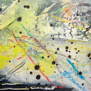 "Deconstructed #1" by Steven McHugh  Image: Detail view of "Deconstructed #1," an original mixed media collage painting by Madeline Island artist Steve McHugh. This captivating piece features a surface comprised of fabric, cardboard, and raw canvas on a wood panel, adding layers of depth and texture. The 8" x 8" painting incorporates a variety of materials including spray paint, oil and cold wax, crayon, and graphite, resulting in a visually dynamic composition. To complement the artwork, "Deconstructed #1" is framed in a natural wood finished gallery floating frame, making it ready to display in any art collection. Don't miss the opportunity to add this unique and striking piece to your personal or professional space.

This artwork is an abstract painting featuring a diverse array of colors and textures. The composition includes dynamic splashes and drips of paint, predominantly in black, yellow, blue, and red. There are also areas of white and various shades of grey, giving a sense of depth and layers. Black horizontal stripes are present in the bottom left section, adding contrast and structure to the piece. The overall aesthetic of the painting exudes energy and movement, with the vibrant colors and bold black splatters creating a visually stimulating experience.

Shipping costs and sales tax will be added after destination is determined.