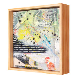 "Deconstructed #1" by Steven McHugh  Image: Side view of "Deconstructed #1," an original mixed media collage painting by Madeline Island artist Steve McHugh. This captivating piece features a surface comprised of fabric, cardboard, and raw canvas on a wood panel, adding layers of depth and texture. The 8" x 8" painting incorporates a variety of materials including spray paint, oil and cold wax, crayon, and graphite, resulting in a visually dynamic composition. To complement the artwork, "Deconstructed #1" is framed in a natural wood finished gallery floating frame, making it ready to display in any art collection. Don't miss the opportunity to add this unique and striking piece to your personal or professional space.

This artwork is an abstract painting featuring a diverse array of colors and textures. The composition includes dynamic splashes and drips of paint, predominantly in black, yellow, blue, and red. There are also areas of white and various shades of grey, giving a sense of depth and layers. Black horizontal stripes are present in the bottom left section, adding contrast and structure to the piece. The overall aesthetic of the painting exudes energy and movement, with the vibrant colors and bold black splatters creating a visually stimulating experience.

Shipping costs and sales tax will be added after destination is determined.