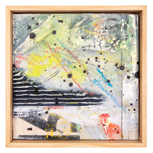 "Deconstructed #1" by Steven McHugh  Image: "Deconstructed #1," an original mixed media collage painting by Madeline Island artist Steve McHugh. This captivating piece features a surface comprised of fabric, cardboard, and raw canvas on a wood panel, adding layers of depth and texture. The 8" x 8" painting incorporates a variety of materials including spray paint, oil and cold wax, crayon, and graphite, resulting in a visually dynamic composition. To complement the artwork, "Deconstructed #1" is framed in a natural wood finished gallery floating frame, making it ready to display in any art collection. Don't miss the opportunity to add this unique and striking piece to your personal or professional space.

This artwork is an abstract painting featuring a diverse array of colors and textures. The composition includes dynamic splashes and drips of paint, predominantly in black, yellow, blue, and red. There are also areas of white and various shades of grey, giving a sense of depth and layers. Black horizontal stripes are present in the bottom left section, adding contrast and structure to the piece. The overall aesthetic of the painting exudes energy and movement, with the vibrant colors and bold black splatters creating a visually stimulating experience.

Shipping costs and sales tax will be added after destination is determined.