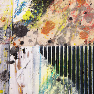 "Deconstruction #2" by Steven McHugh  Image: Detailed view of "Deconstructed #2," by Madeline Island artist Steve McHugh, a stunning original mixed media collage that pushes the boundaries of traditional painting. This 8" x 8" piece features a combination of canvas and cardboard on a wood panel, with layers of oil, cold wax, graphite, and spray paint creating a truly expressive texture. McHugh's experimental approach to art is evident in the dynamic and captivating design of "Deconstructed #2." The artist's signature in the lower right corner is not just a typical signature - it's a unique red thumbprint that adds an extra layer of intrigue to this one-of-a-kind piece. Add a touch of bold, modern art to your collection with "Deconstructed #2."

The artwork is an abstract mixed-media piece with a dynamic interplay of textures, colors, and patterns. It is divided into two primary sections: the top section features a chaotic array of splattered paint in various hues, including yellows, reds, and blacks, creating a sense of spontaneous movement. The bottom section is more structured with vertical black stripes on cardboard over a background of blended whites, blues, and greens. Splashes of black paint and occasional bursts of brighter colors like yellow and red punctuate the composition. The overall effect is a vibrant and energetic balance between order and disorder. The wooden gallery floating frame provides a simple, natural contrast to the busy, colorful canvas.

Shipping costs and sales tax will be added after destination is determined.