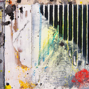 "Deconstruction #2" by Steven McHugh  Image: Detail view of"Deconstructed #2," by Madeline Island artist Steve McHugh, a stunning original mixed media collage that pushes the boundaries of traditional painting. This 8" x 8" piece features a combination of canvas and cardboard on a wood panel, with layers of oil, cold wax, graphite, and spray paint creating a truly expressive texture. McHugh's experimental approach to art is evident in the dynamic and captivating design of "Deconstructed #2." The artist's signature in the lower right corner is not just a typical signature - it's a unique red thumbprint that adds an extra layer of intrigue to this one-of-a-kind piece. Add a touch of bold, modern art to your collection with "Deconstructed #2."

The artwork is an abstract mixed-media piece with a dynamic interplay of textures, colors, and patterns. It is divided into two primary sections: the top section features a chaotic array of splattered paint in various hues, including yellows, reds, and blacks, creating a sense of spontaneous movement. The bottom section is more structured with vertical black stripes on cardboard over a background of blended whites, blues, and greens. Splashes of black paint and occasional bursts of brighter colors like yellow and red punctuate the composition. The overall effect is a vibrant and energetic balance between order and disorder. The wooden gallery floating frame provides a simple, natural contrast to the busy, colorful canvas.

Shipping costs and sales tax will be added after destination is determined.