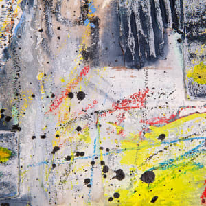 "Deconstruction #3" by Steven McHugh  Image: Detail view of  "Deconstructed #3," a one-of-a-kind collage painting by Madeline Island artist, Steve McHugh. This stunning piece features a surface created using a combination of paper, cardboard, and canvas on a wood 8" x 8" panel, and is painted with a mix of oil, cold wax, graphite, and crayon. McHugh's signature touch is evident in the unique way he signs the painting with a red thumbprint, adding an extra layer of intrigue to the piece. With thick paint, paint splatters, and bold mark-making, "Deconstructed #3" exudes a chaotic energy that demands exploration. This is an absolute must-have for any art collector looking to add a truly unique and captivating piece to their collection. Painting is framed in a natural wood gallery floating fame.

This artwork is an abstract painting filled with an array of colors and textures. The canvas displays a chaotic yet harmonious composition, featuring splashes and splatters of black, yellow, red, and blue paint. Steve has employed various techniques to create depth and visual interest, including thick applications of paint and textured surfaces. Some areas are lighter and more delicate, while others are dense with dark, heavy strokes. The piece is framed in a simple wooden frame, which contrasts with the vivid and dynamic nature of the painting.

Shipping costs and sales tax will be added after destination is determined.