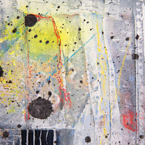 "Deconstructed #4" by Steven McHugh  Image: Detail view of "Deconstructed #4," a captivating original collage painting by Madeline Island artist Steve McHugh. This one-of-a-kind piece is created on an 8" x 8" wood panel, combining fabric, canvas, and cardboard to bring depth and texture to the artwork. The use of mixed media, including spray paint, oil and cold wax paint, crayon, and graphite, results in a dynamic composition with a combination of thick paint and paint splatters that are sure to captivate any viewer. Whether displayed on its own or as a grouping of a collection, "Deconstructed #4" is a unique and striking addition to any art enthusiast's collection. Immerse yourself in the creativity of Steve McHugh with this stunning piece.

This  abstract painting characterized by a dynamic mix of colors, textures, and patterns. The piece predominantly features a blend of light hues like yellow, grey, and white, with splashes of blue, red, and black. 

Large black splatters and bold lines (cardboard) add contrast and focal points within the composition. An array of small, scattered black dots is distributed throughout the work, providing a sense of movement and energy. Vertical black and white lines in the lower left corner create a striking geometric pattern, adding to the diversity of textures.

The overall aesthetic gives off a spontaneous, almost chaotic vibe, punctuated by organized linear elements, making it a captivating piece of abstract art. Framed in natural finished gallery wood floating frame.