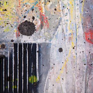 "Deconstructed #4" by Steven McHugh  Image: Detail view of "Deconstructed #4," a captivating original collage painting by Madeline Island artist Steve McHugh. This one-of-a-kind piece is created on an 8" x 8" wood panel, combining fabric, canvas, and cardboard to bring depth and texture to the artwork. The use of mixed media, including spray paint, oil and cold wax paint, crayon, and graphite, results in a dynamic composition with a combination of thick paint and paint splatters that are sure to captivate any viewer. Whether displayed on its own or as a grouping of a collection, "Deconstructed #4" is a unique and striking addition to any art enthusiast's collection. Immerse yourself in the creativity of Steve McHugh with this stunning piece.

This  abstract painting characterized by a dynamic mix of colors, textures, and patterns. The piece predominantly features a blend of light hues like yellow, grey, and white, with splashes of blue, red, and black. 

Large black splatters and bold lines (cardboard) add contrast and focal points within the composition. An array of small, scattered black dots is distributed throughout the work, providing a sense of movement and energy. Vertical black and white lines in the lower left corner create a striking geometric pattern, adding to the diversity of textures.

The overall aesthetic gives off a spontaneous, almost chaotic vibe, punctuated by organized linear elements, making it a captivating piece of abstract art. Framed in natural finished gallery wood floating frame.