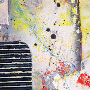 "Deconstructed #5" by Steven McHugh  Image: Detail view of "Deconstructed #5",  a small original mixed media collage painting by Madeline Island artist Steve McHugh. This unique piece is constructed of layers of canvas, cardboard on wood panel with oil, cold wax, spray paint, graphite, and crayon. Measuring at 8" x 8" and framed in a natural wood finished gallery floating frame, this artwork is a stunning addition to any art collection. The signature red thumbprint in the lower right corner adds a personal touch to this captivating piece. Bring a touch of modern art to your home with "Deconstructed #5".

The artwork is an abstract painting that contains a mix of colors and textures applied on a canvas and enclosed within a wooden frame. The painting features various elements and materials, including multiple splatters of paint, reminiscent of the Jackson Pollock style. 

Prominent colors include yellow, black, grey, and blue, with some red and white highlights. There are splatter effects and brushstrokes creating a sense of movement and randomness. To the left, there are black and white, patterned circular shapes arranged vertically. Below them, there's a section with horizontal black and white stripes. The background seems layered, with off-white, grey, and muted blue tones blending together.

This abstract composition evokes a sense of spontaneity and dynamic energy, with a rich interplay of colors and textures.

Shipping costs and sales tax will be added after destination is determined.