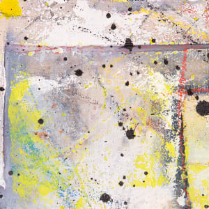 "Deconstructed #5" by Steven McHugh  Image: Detail view of "Deconstructed #5",  a small original mixed media collage painting by Madeline Island artist Steve McHugh. This unique piece is constructed of layers of canvas, cardboard on wood panel with oil, cold wax, spray paint, graphite, and crayon. Measuring at 8" x 8" and framed in a natural wood finished gallery floating frame, this artwork is a stunning addition to any art collection. The signature red thumbprint in the lower right corner adds a personal touch to this captivating piece. Bring a touch of modern art to your home with "Deconstructed #5".

The artwork is an abstract painting that contains a mix of colors and textures applied on a canvas and enclosed within a wooden frame. The painting features various elements and materials, including multiple splatters of paint, reminiscent of the Jackson Pollock style. 

Prominent colors include yellow, black, grey, and blue, with some red and white highlights. There are splatter effects and brushstrokes creating a sense of movement and randomness. To the left, there are black and white, patterned circular shapes arranged vertically. Below them, there's a section with horizontal black and white stripes. The background seems layered, with off-white, grey, and muted blue tones blending together.

This abstract composition evokes a sense of spontaneity and dynamic energy, with a rich interplay of colors and textures.

Shipping costs and sales tax will be added after destination is determined.