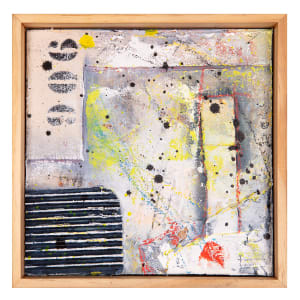 "Deconstructed #5" by Steven McHugh  Image: "Deconstructed #5", is a small original mixed media collage painting by Madeline Island artist Steve McHugh. This unique piece is constructed of layers of canvas, cardboard on wood panel with oil, cold wax, spray paint, graphite, and crayon. Measuring at 8" x 8" and framed in a natural wood finished gallery floating frame, this artwork is a stunning addition to any art collection. The signature red thumbprint in the lower right corner adds a personal touch to this captivating piece. Bring a touch of modern art to your home with "Deconstructed #5".

The artwork is an abstract painting that contains a mix of colors and textures applied on a canvas and enclosed within a wooden frame. The painting features various elements and materials, including multiple splatters of paint, reminiscent of the Jackson Pollock style. 

Prominent colors include yellow, black, grey, and blue, with some red and white highlights. There are splatter effects and brushstrokes creating a sense of movement and randomness. To the left, there are black and white, patterned circular shapes arranged vertically. Below them, there's a section with horizontal black and white stripes. The background seems layered, with off-white, grey, and muted blue tones blending together.

This abstract composition evokes a sense of spontaneity and dynamic energy, with a rich interplay of colors and textures.

Shipping costs and sales tax will be added after destination is determined.