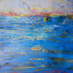 "Where The Sky Meets The Seas" by Steven McHugh  Image: Detail view of the tranquil beauty of the "Where The Sky Meets The Sea," a stunning seascape (Lake Superior)  painting created by Madeline Island artist Steve McHugh. Measuring 12" x 72" wide, this mixed media piece combines oil, crayon, and cold wax on a wood panel to capture the serenity of the ocean. With serene tones of blues and underpainting of bold colors, this unique artwork creates a sense of calm and tranquility. The delicate mark making at the horizon line adds a touch of sophistication to the calm sky, making it a perfect addition to any art collection or home decor. Let "Where The Sky Meets The Sea" bring a sense of peace and beauty into your space.

This painting is a serene and expansive seascape, dominated by richly textured blues and subtle hints of other colors. The horizon line is set high, creating a broad view of the calm ocean that spans the majority of the composition. The sky meets the sea with soft, warm hues suggesting a time of transition such as dawn or dusk. The surface of the water is depicted with intricate strokes that create a sense of movement and light reflection, evoking a tranquil and peaceful scene.

Shipping and sales tax will be determined after destination is established.