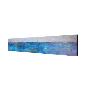 "Where The Sky Meets The Seas" by Steven McHugh  Image: Side view of the tranquil beauty of the "Where The Sky Meets The Sea," a stunning seascape (Lake Superior)  painting created by Madeline Island artist Steve McHugh. Measuring 12" x 72" wide, this mixed media piece combines oil, crayon, and cold wax on a wood panel to capture the serenity of the ocean. With serene tones of blues and underpainting of bold colors, this unique artwork creates a sense of calm and tranquility. The delicate mark making at the horizon line adds a touch of sophistication to the calm sky, making it a perfect addition to any art collection or home decor. Let "Where The Sky Meets The Sea" bring a sense of peace and beauty into your space.

This painting is a serene and expansive seascape, dominated by richly textured blues and subtle hints of other colors. The horizon line is set high, creating a broad view of the calm ocean that spans the majority of the composition. The sky meets the sea with soft, warm hues suggesting a time of transition such as dawn or dusk. The surface of the water is depicted with intricate strokes that create a sense of movement and light reflection, evoking a tranquil and peaceful scene.

Shipping and sales tax will be determined after destination is established.
