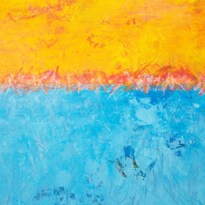 "Eternal" by Steven McHugh  Image: Detail view of "Eternal," a stunning dramatic color field painting that captures the essence of a seascape horizon. Composed of the lower area of calm waters in varying shades of light and dark blues, and a bold upper area of fiery oranges and yellows, this painting evokes a sense of eternal beauty and tranquility. The horizon area is marked by intricate, expressive strokes of crayons, adding depth and texture to the piece. Measuring 30" x 22", this mixed media artwork is the creation of Island painter Steve McHugh and is beautifully framed in a simple, natural color wood gallery floating frame. "Eternal" is a captivating masterpiece that will bring a sense of serenity and timelessness to any art collection.

This artwork is an abstract painting featuring two main color fields. The top section is a vibrant orange hue that transitions into a band of brighter, almost neon orange. Below this, the majority of the canvas is filled with various shades of blue, ranging from light to deep tones. The blue area has a textured quality, with intricate, almost chaotic brush strokes that create a sense of depth and movement. The interplay between the warm, intense colors of the top section and the cool, soothing blues below offers a striking contrast that captures the viewer's attention.

Sales tax and shipping will be added after destination is determined.