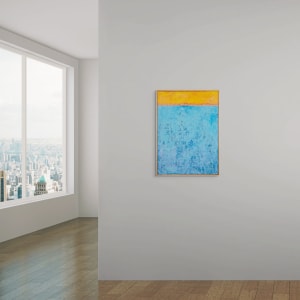 "Eternal" by Steven McHugh  Image: Room view of "Eternal," a stunning dramatic color field painting that captures the essence of a seascape horizon. Composed of the lower area of calm waters in varying shades of light and dark blues, and a bold upper area of fiery oranges and yellows, this painting evokes a sense of eternal beauty and tranquility. The horizon area is marked by intricate, expressive strokes of crayons, adding depth and texture to the piece. Measuring 30" x 22", this mixed media artwork is the creation of Island painter Steve McHugh and is beautifully framed in a simple, natural color wood gallery floating frame. "Eternal" is a captivating masterpiece that will bring a sense of serenity and timelessness to any art collection.

This artwork is an abstract painting featuring two main color fields. The top section is a vibrant orange hue that transitions into a band of brighter, almost neon orange. Below this, the majority of the canvas is filled with various shades of blue, ranging from light to deep tones. The blue area has a textured quality, with intricate, almost chaotic brush strokes that create a sense of depth and movement. The interplay between the warm, intense colors of the top section and the cool, soothing blues below offers a striking contrast that captures the viewer's attention.

Sales tax and shipping will be added after destination is determined.