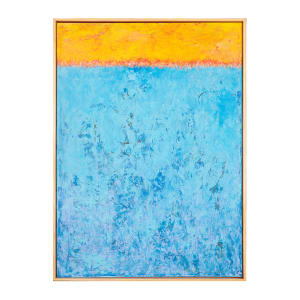 "Eternal" by Steven McHugh  Image: "Eternal" is a stunning dramatic color field painting that captures the essence of a seascape horizon. Composed of the lower area of calm waters in varying shades of light and dark blues, and a bold upper area of fiery oranges and yellows, this painting evokes a sense of eternal beauty and tranquility. The horizon area is marked by intricate, expressive strokes of crayons, adding depth and texture to the piece. Measuring 30" x 22", this mixed media artwork is the creation of Island painter Steve McHugh and is beautifully framed in a simple, natural color wood gallery floating frame. "Eternal" is a captivating masterpiece that will bring a sense of serenity and timelessness to any art collection.

This artwork is an abstract painting featuring two main color fields. The top section is a vibrant orange hue that transitions into a band of brighter, almost neon orange. Below this, the majority of the canvas is filled with various shades of blue, ranging from light to deep tones. The blue area has a textured quality, with intricate, almost chaotic brush strokes that create a sense of depth and movement. The interplay between the warm, intense colors of the top section and the cool, soothing blues below offers a striking contrast that captures the viewer's attention.

Sales tax and shipping will be added after destination is determined.
