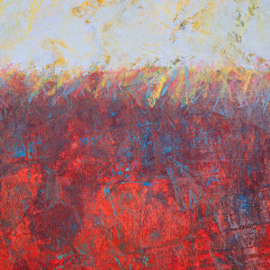 "Wild Fire" by Steven McHugh  Image: Detail view of  "Wild Fire", a stunning color field painting that will ignite any room with its vibrant hues. The lower area of the artwork features bold, intense reds and oranges that catch the eye, while the upper portion showcases a textured, soft blue that draws the viewer in. This mixed media painting, created by Madeline Island artist Steve McHugh, is a combination of oil, crayon, and cold wax on a wood panel, resulting in a truly unique and dynamic piece. Measuring 30.25 x 22.25 inches and framed in a gallery floating frame, "Wild Fire" is a captivating and expressive addition to any art collection. Don't miss the opportunity to bring this stunning work of art into your home.

This piece of art is an abstract painting with a vivid combination of colors and textures. The lower half of the canvas is dominated by intense shades of red, orange, and yellow, creating a fiery and energetic atmosphere. As the composition moves toward the top, the colors transition through darker shades of purple, eventually blending into a more subdued, light blue and beige area. Steve employs various techniques to create a rich, textured surface with layers of paint, giving the work an intriguing depth and complexity. The contrast between the warm, vibrant lower section and the cooler, lighter upper section generates a dynamic visual experience.

Sales tax and shipping costs will be determined after destination is established.