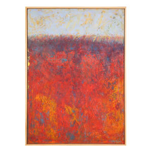 "Wild Fire" by Steven McHugh  Image:  "Wild Fire", a stunning color field painting that will ignite any room with its vibrant hues. The lower area of the artwork features bold, intense reds and oranges that catch the eye, while the upper portion showcases a textured, soft blue that draws the viewer in. This mixed media painting, created by Madeline Island artist Steve McHugh, is a combination of oil, crayon, and cold wax on a wood panel, resulting in a truly unique and dynamic piece. Measuring 30.25 x 22.25 inches and framed in a gallery floating frame, "Wild Fire" is a captivating and expressive addition to any art collection. Don't miss the opportunity to bring this stunning work of art into your home.

This piece of art is an abstract painting with a vivid combination of colors and textures. The lower half of the canvas is dominated by intense shades of red, orange, and yellow, creating a fiery and energetic atmosphere. As the composition moves toward the top, the colors transition through darker shades of purple, eventually blending into a more subdued, light blue and beige area. Steve employs various techniques to create a rich, textured surface with layers of paint, giving the work an intriguing depth and complexity. The contrast between the warm, vibrant lower section and the cooler, lighter upper section generates a dynamic visual experience.

Sales tax and shipping costs will be determined after destination is established.