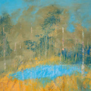 "World Within" by Steven McHugh  Image: Detail view of "World Within," the tranquil world within this original landscape by Madeline Island abstract painter Steve McHugh. This stunning 22" x 30" mixed media oil and cold wax painting on wood panel is a true piece of art. The warm tones of yellow tall grasses in the lower area contrast beautifully with the clear ponds of blue, all set against a background of trees. Displayed in a wood gallery floating frame, this serene piece will bring a sense of calm to any space and is sure to captivate any art lover. Add a touch of nature to your collection with this exquisite work of art.

The "World Within"  is a landscape painting featuring a serene scene. The foreground is dominated by rich golden hues,  representing a field of tall grasses or a meadow. Vertical lines, suggesting tree trunks, are scattered throughout the landscape, transitioning from the yellow foreground to a more subdued green middle ground. The green gives way to a blue area,  bodies of water, adding a calming element to the scene. The background is primarily a soft, blended blue sky with hints of green, indicating a forested area. The painting uses a mix of bright and earthy tones, creating a tranquil and harmonious atmosphere.

Sales tax and shipping fees will be determined after purchase.