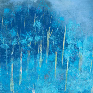 "Winter Blues" by Steven McHugh  Image: Detail view of the captivating "Winter Blues" painting by Steve McHugh. Measuring 10" x 30", this abstract landscape piece brings to life the icy chill and tranquility of the season with its cool blue tones. Created using oil and cold wax on wood panel, the piece is textured and layered, adding depth and dimension to the artwork. The simple wood gallery floating frame completes the piece, making it ready to hang and display in any space. Add a touch of winter beauty to your art collection with this stunning painting.

This  landscape painting that predominantly features various shades of blue, creating an ethereal, wintry scene. The use of light and dark tones of blue gives a sense of depth and texture to the background, which suggests a foggy, mist-filled atmosphere. The landscape is dotted with vertical, tree-like structures rendered in lighter hues of yellow and white, adding contrast and drawing the viewer's eye throughout the piece. The overall composition evokes a tranquil, serene environment, with the cool colors and abstract forms contributing to a sense of calm and isolation.

Shipping and sales tax is added after destination is determined.