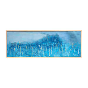 "Winter Blues" by Steven McHugh  Image: Step into the serene world of winter with the captivating "Winter Blues" painting by Steve McHugh. Measuring 10" x 30", this abstract landscape piece brings to life the icy chill and tranquility of the season with its cool blue tones. Created using oil and cold wax on wood panel, the piece is textured and layered, adding depth and dimension to the artwork. The simple wood gallery floating frame completes the piece, making it ready to hang and display in any space. Add a touch of winter beauty to your art collection with this stunning painting.

This  landscape painting that predominantly features various shades of blue, creating an ethereal, wintry scene. The use of light and dark tones of blue gives a sense of depth and texture to the background, which suggests a foggy, mist-filled atmosphere. The landscape is dotted with vertical, tree-like structures rendered in lighter hues of yellow and white, adding contrast and drawing the viewer's eye throughout the piece. The overall composition evokes a tranquil, serene environment, with the cool colors and abstract forms contributing to a sense of calm and isolation.

Shipping and sales tax is added after destination is determined.