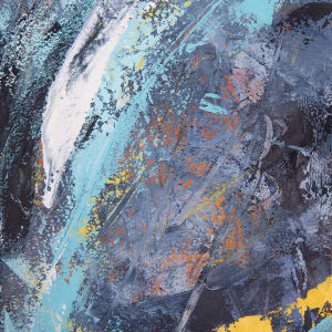 "World Wind" by Steven McHugh  Image: Detail view of "World Wind," an original mixed media painting on wood panel that captures the essence of dramatic action and bold color combinations by Madeline Island artist Steve McHugh. This striking piece features a dynamic blend of black and white, as well as vivid blues, oranges, and yellows that come together to create a visually captivating piece. Measuring in at 20" x 16", this painting is meticulously crafted with charcoal, oil, and cold wax, showcasing the artist's exceptional technique and skill. "World Wind" is framed in a natural wood gallery floating frame, providing the perfect finishing touch to this stunning work of art. Embrace the energy and vitality of "World Wind" as it transforms any space into a dynamic and mesmerizing art gallery.

This abstract painting features a dynamic composition with swirling shapes and bold strokes. The color palette predominantly includes shades of blue, white, and grey, accented with splashes of yellow and hints of orange and red. The textural elements created by the brushwork give the painting a sense of movement and depth. Sweeping circular patterns dominate the piece, intersecting and overlapping in a chaotic yet harmonious manner. The energetic brushstrokes and color contrasts create a visually engaging piece with a sense of fluidity and intensity.

Sales tax and shipping will be established after destination is established.
