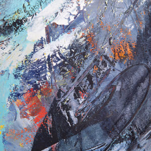 "World Wind" by Steven McHugh  Image: Detail view of "World Wind," an original mixed media painting on wood panel that captures the essence of dramatic action and bold color combinations by Madeline Island artist Steve McHugh. This striking piece features a dynamic blend of black and white, as well as vivid blues, oranges, and yellows that come together to create a visually captivating piece. Measuring in at 20" x 16", this painting is meticulously crafted with charcoal, oil, and cold wax, showcasing the artist's exceptional technique and skill. "World Wind" is framed in a natural wood gallery floating frame, providing the perfect finishing touch to this stunning work of art. Embrace the energy and vitality of "World Wind" as it transforms any space into a dynamic and mesmerizing art gallery.

This abstract painting features a dynamic composition with swirling shapes and bold strokes. The color palette predominantly includes shades of blue, white, and grey, accented with splashes of yellow and hints of orange and red. The textural elements created by the brushwork give the painting a sense of movement and depth. Sweeping circular patterns dominate the piece, intersecting and overlapping in a chaotic yet harmonious manner. The energetic brushstrokes and color contrasts create a visually engaging piece with a sense of fluidity and intensity.

Sales tax and shipping will be established after destination is established.