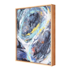 "World Wind" by Steven McHugh  Image: Side view of "World Wind," an original mixed media painting on wood panel that captures the essence of dramatic action and bold color combinations by Madeline Island artist Steve McHugh. This striking piece features a dynamic blend of black and white, as well as vivid blues, oranges, and yellows that come together to create a visually captivating piece. Measuring in at 20" x 16", this painting is meticulously crafted with charcoal, oil, and cold wax, showcasing the artist's exceptional technique and skill. "World Wind" is framed in a natural wood gallery floating frame, providing the perfect finishing touch to this stunning work of art. Embrace the energy and vitality of "World Wind" as it transforms any space into a dynamic and mesmerizing art gallery.

This abstract painting features a dynamic composition with swirling shapes and bold strokes. The color palette predominantly includes shades of blue, white, and grey, accented with splashes of yellow and hints of orange and red. The textural elements created by the brushwork give the painting a sense of movement and depth. Sweeping circular patterns dominate the piece, intersecting and overlapping in a chaotic yet harmonious manner. The energetic brushstrokes and color contrasts create a visually engaging piece with a sense of fluidity and intensity.

Sales tax and shipping will be established after destination is established.
