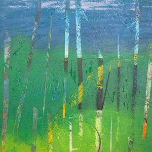 "Mother Earth" by Steven McHugh  Image: Detail view of "Mother Earth,"  an original oil and cold wax landscape painting by Madeline Island painter Steve McHugh. This stunning piece captures the beauty of nature with its intricate tree forms, which are vertical forms that have been removed from the top coat of paint, creating a textured and three-dimensional effect. Measuring 14" x 11" on a wood panel, this painting is framed in a natural wood gallery floating frame, adding a touch of elegance to the artwork. "Mother Earth" is a captivating and evocative piece that would make a beautiful addition to any art collection, bringing the beauty of the natural world into your home or office.

This abstract painting is dominated by vertical lines and vibrant colors. The background consists of a gradient transitioning from deep blue at the top to bright green and yellow at the bottom, evoking a natural, landscape-like scene. Vertical, thin, and elongated shapes are scattered across the panel, varying in length while providing a sense of movement and depth. The colors within these shapes include hues of blue, green, white, orange, and brown, incorporating both solid and textured patterns. This combination of elements creates a dynamic and visually engaging piece. The artwork is framed in a light wooden frame which contrasts subtly with the vibrant colors within the painting.

Sales tax and shipping cost are calulated after destination is determined.