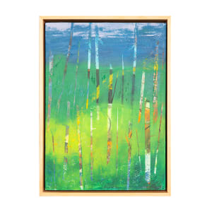 "Mother Earth" by Steven McHugh  Image: "Mother Earth" is an original oil and cold wax landscape painting by Madeline Island painter Steve McHugh. This stunning piece captures the beauty of nature with its intricate tree forms, which are vertical forms that have been removed from the top coat of paint, creating a textured and three-dimensional effect. Measuring 14" x 11" on a wood panel, this painting is framed in a natural wood gallery floating frame, adding a touch of elegance to the artwork. "Mother Earth" is a captivating and evocative piece that would make a beautiful addition to any art collection, bringing the beauty of the natural world into your home or office.

This abstract painting is dominated by vertical lines and vibrant colors. The background consists of a gradient transitioning from deep blue at the top to bright green and yellow at the bottom, evoking a natural, landscape-like scene. Vertical, thin, and elongated shapes are scattered across the panel, varying in length while providing a sense of movement and depth. The colors within these shapes include hues of blue, green, white, orange, and brown, incorporating both solid and textured patterns. This combination of elements creates a dynamic and visually engaging piece. The artwork is framed in a light wooden frame which contrasts subtly with the vibrant colors within the painting.

Sales tax and shipping cost are calulated after destination is determined.