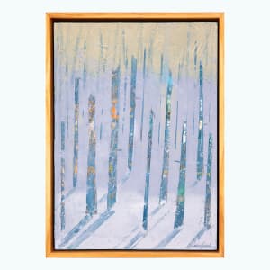 "Winter Shadows" by Steven McHugh  Image: "Winter Shadows" is a stunning original oil and cold wax painting by artist Steve McHugh. Measuring 14.5" x 10.5" on a wood panel, this captivating piece captures the essence of winter with its cool blues and vertical tree forms in contrasting colors. Framed in a natural wood gallery floating frame, "Winter Shadows" emanates a sense of depth and texture while bringing a touch of nature indoors. Whether you're a seasoned art collector or looking to start your collection, this piece is a must-have for any art enthusiast. Add a touch of elegance to your space with this exquisite work from Madeline Island artist Steve McHugh.

This painting is an abstract landscape painting featuring tall, vertical elements that resemble tree trunks. The trunks are depicted in varying shades of blue with hints of orange and green, suggesting a woodland scene. The background transitions from a light to a slightly darker blue at the bottom, imitating the effect of light and shadow. The painting has a tranquil and serene atmosphere, enhanced by the use of light and color. The piece is framed with a simple wooden frame that complements the natural and calming theme of the artwork.

Shipping costs and sales tax added after location is established.