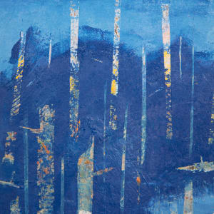 "In To The Blue" by Steven McHugh  Image: Detail view of "In To The Blue," an abstract landscape painting by Madeline Island artist Steve McHugh. This stunning piece features a rich tapestry of blues, creating a sense of depth and movement that will draw you into the heart of the painting. The textured tree forms add an element of earthiness and intrigue, making this a truly captivating work of art. Measuring 14.5" x 10.5" and crafted from oil and cold wax on wood panel, "In To The Blue" is presented in a simple wood finished gallery floating frame, adding a touch of modern elegance to the piece. Whether you're a seasoned art collector or simply looking to add a touch of tranquility to your home, "In To The Blue" is sure to leave a lasting impression.

This abstract painting features a predominantly blue color palette, vertical, white lines with mottled colors, which include hints of red, yellow, and orange, punctuate the composition, creating a sense of depth and movement. The varying hues of blue form a background that gives the impression of an ethereal, almost dreamlike landscape. The vertical lines are closely spaced and vary in height, suggesting a forest. The texture of the paint adds an additional layer of complexity, drawing the viewer's eye across the entire piece. The overall effect is both serene and dynamic, inviting contemplation.

Sales tax and shipping cost are established after location is established.