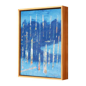"In To The Blue" by Steven McHugh  Image: Side view of "In To The Blue," an abstract landscape painting by Madeline Island artist Steve McHugh. This stunning piece features a rich tapestry of blues, creating a sense of depth and movement that will draw you into the heart of the painting. The textured tree forms add an element of earthiness and intrigue, making this a truly captivating work of art. Measuring 14.5" x 10.5" and crafted from oil and cold wax on wood panel, "In To The Blue" is presented in a simple wood finished gallery floating frame, adding a touch of modern elegance to the piece. Whether you're a seasoned art collector or simply looking to add a touch of tranquility to your home, "In To The Blue" is sure to leave a lasting impression.

This abstract painting features a predominantly blue color palette, vertical, white lines with mottled colors, which include hints of red, yellow, and orange, punctuate the composition, creating a sense of depth and movement. The varying hues of blue form a background that gives the impression of an ethereal, almost dreamlike landscape. The vertical lines are closely spaced and vary in height, suggesting a forest. The texture of the paint adds an additional layer of complexity, drawing the viewer's eye across the entire piece. The overall effect is both serene and dynamic, inviting contemplation.

Sales tax and shipping cost are established after location is established.
