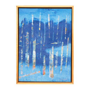 "In To The Blue" by Steven McHugh  Image: Step into the serene and contemplative world of "In To The Blue," an abstract landscape painting by Madeline Island artist Steve McHugh. This stunning piece features a rich tapestry of blues, creating a sense of depth and movement that will draw you into the heart of the painting. The textured tree forms add an element of earthiness and intrigue, making this a truly captivating work of art. Measuring 14.5" x 10.5" and crafted from oil and cold wax on wood panel, "In To The Blue" is presented in a simple wood finished gallery floating frame, adding a touch of modern elegance to the piece. Whether you're a seasoned art collector or simply looking to add a touch of tranquility to your home, "In To The Blue" is sure to leave a lasting impression.

This abstract painting features a predominantly blue color palette, vertical, white lines with mottled colors, which include hints of red, yellow, and orange, punctuate the composition, creating a sense of depth and movement. The varying hues of blue form a background that gives the impression of an ethereal, almost dreamlike landscape. The vertical lines are closely spaced and vary in height, suggesting a forest. The texture of the paint adds an additional layer of complexity, drawing the viewer's eye across the entire piece. The overall effect is both serene and dynamic, inviting contemplation.

Sales tax and shipping cost are established after location is established.