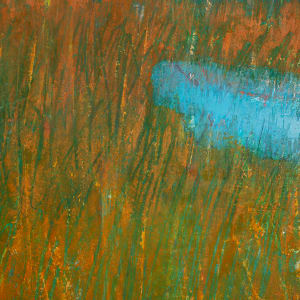 "Let's Go Frogging" by Steven McHugh  Image: Detail view of "Let's Go Frogging," by Madeline Island painter, Steve McHugh. This charming 14.5" x 10.5" oil and cold wax painting captures the whimsy and nostalgia of days spent pond-side, searching for frogs. The natural wood finished gallery floating frame adds a touch of modern elegance to the piece, making it a perfect addition to any art collection. With its depiction of tall summer grasses and a hidden pond nestled just in front of a line of trees, "Let's Go Frogging" will bring a sense of tranquility and warmth to any space. Add a touch of nostalgia and whimsy to your home or office with this stunning piece by Steve McHugh.

This painting features a serene natural landscape. It prominently displays tall grasses with hues of green, yellow, and orange in the foreground, suggesting vegetation in the midst of a field or meadow. Towards the middle right of the composition, there is a small pond or water feature painted in shades of blue and turquoise. The background showcases a line of trees rendered in cooler tones of blues and purples, providing a peaceful and tranquil backdrop to the scene. The painting uses a mix of vivid and muted colors to create a harmonious blend, evoking a sense of calm and natural beauty.

Sales tax and shipping will be added after location is determined