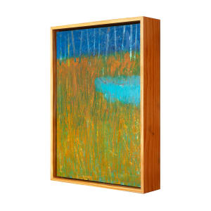 "Let's Go Frogging" by Steven McHugh  Image: Side view of "Let's Go Frogging," by Madeline Island painter, Steve McHugh. This charming 14.5" x 10.5" oil and cold wax painting captures the whimsy and nostalgia of days spent pond-side, searching for frogs. The natural wood finished gallery floating frame adds a touch of modern elegance to the piece, making it a perfect addition to any art collection. With its depiction of tall summer grasses and a hidden pond nestled just in front of a line of trees, "Let's Go Frogging" will bring a sense of tranquility and warmth to any space. Add a touch of nostalgia and whimsy to your home or office with this stunning piece by Steve McHugh.

This painting features a serene natural landscape. It prominently displays tall grasses with hues of green, yellow, and orange in the foreground, suggesting vegetation in the midst of a field or meadow. Towards the middle right of the composition, there is a small pond or water feature painted in shades of blue and turquoise. The background showcases a line of trees rendered in cooler tones of blues and purples, providing a peaceful and tranquil backdrop to the scene. The painting uses a mix of vivid and muted colors to create a harmonious blend, evoking a sense of calm and natural beauty.

Sales tax and shipping will be added after location is determined