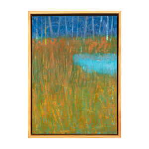 "Let's Go Frogging" by Steven McHugh  Image: Transport yourself to the idyllic days of childhood with "Let's Go Frogging" by Madeline Island painter, Steve McHugh. This charming 14.5" x 10.5" oil and cold wax painting captures the whimsy and nostalgia of days spent pond-side, searching for frogs. The natural wood finished gallery floating frame adds a touch of modern elegance to the piece, making it a perfect addition to any art collection. With its depiction of tall summer grasses and a hidden pond nestled just in front of a line of trees, "Let's Go Frogging" will bring a sense of tranquility and warmth to any space. Add a touch of nostalgia and whimsy to your home or office with this stunning piece by Steve McHugh.

This painting features a serene natural landscape. It prominently displays tall grasses with hues of green, yellow, and orange in the foreground, suggesting vegetation in the midst of a field or meadow. Towards the middle right of the composition, there is a small pond or water feature painted in shades of blue and turquoise. The background showcases a line of trees rendered in cooler tones of blues and purples, providing a peaceful and tranquil backdrop to the scene. The painting uses a mix of vivid and muted colors to create a harmonious blend, evoking a sense of calm and natural beauty.

Sales tax and shipping will be added after location is determined