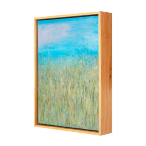 "Fall Grasses" by Steven McHugh  Image: Side view of  "Fall Grasses," a mixed media oil, crayon, and cold wax abstract landscape painting by Steve McHugh. Depicting the long grasses of fall against a dreamy, dramatic blue sky, this piece reflects Steve's cherished childhood memories of lying in the tall grasses. Measuring 14.25" x 10.5" and elegantly framed in a natural wood gallery floating frame, it brings a touch of tranquility and nostalgia to any space. Experience the essence of fall and the artist's unique vision, beautifully captured on panel. Visit stevemchughart.com to add this evocative piece to your collection. Shipping and sales taxes are established when destination is determined.

This abstract landscape painting features an impressionistic depiction of a field of grass. It employs a combination of colors, predominantly shades of green and yellow, to depict the tall grasses swaying gently. The background transitions into a vivid blue sky with subtle hints of pink and white, suggesting a serene atmosphere. The brushwork is textured and layered, effectively capturing the movement and natural beauty of the scene. The artwork is framed in a light wooden frame, which complements the colors and adds to the overall aesthetic.