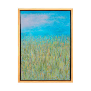 "Fall Grasses" by Steven McHugh  Image: Explore the serene beauty of Madeline Island through "Fall Grasses," a mixed media oil, crayon, and cold wax abstract landscape painting by Steve McHugh. Depicting the long grasses of fall against a dreamy, dramatic blue sky, this piece reflects Steve's cherished childhood memories of lying in the tall grasses. Measuring 14.25" x 10.5" and elegantly framed in a natural wood gallery floating frame, it brings a touch of tranquility and nostalgia to any space. Experience the essence of fall and the artist's unique vision, beautifully captured on panel. Visit stevemchughart.com to add this evocative piece to your collection. Shipping and sales taxes are established when destination is determined.

This abstract landscape painting features an impressionistic depiction of a field of grass. It employs a combination of colors, predominantly shades of green and yellow, to depict the tall grasses swaying gently. The background transitions into a vivid blue sky with subtle hints of pink and white, suggesting a serene atmosphere. The brushwork is textured and layered, effectively capturing the movement and natural beauty of the scene. The artwork is framed in a light wooden frame, which complements the colors and adds to the overall aesthetic.