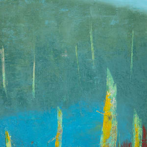 "Conversations" by Steven McHugh  Image: Detail view of "Conversations,"an original abstract landscape featuring ancient trees grouped next to a bog area, brought to life through bold contrasting colors and textures of green against reds, blues, and teals. Painted by Madeline Island artist Steve McHugh, this mixed media oil and cold wax masterpiece measures 14.5" x 10.5" x 2.5" and comes framed in a gallery- floating frame in wood tones. This painting captures the essence of the natural beauty found in the Apostle Islands, making it a captivating addition to any art collection. Based on a location on Madeline Island on Black Shanty Road.  Shipping and sales tax caluated after destination is determined. Explore the depth and conversation within nature through this stunning piece on stevemchughart.com.

This abstract landscape is painted piece features vertical yellow and blue lines that resemble tall, slender trees in a stylized manner. These elements emerge from a textured base of green and red, giving an impression of a forest or dense vegetation. The background consists of washed-out, overlapping hues of blue and grey-green, creating a sense of depth and atmospheric perspective. The hazy, muted tones in the background contrast with the vibrant, textured colors in the foreground. The overall composition is abstract, with a focus on color and form that evokes a natural, organic scene. 