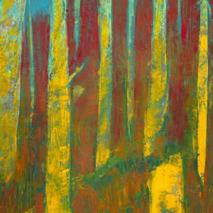 "Conversations" by Steven McHugh  Image: Detail view of "Conversations,"  an original abstract landscape featuring ancient trees grouped next to a bog area, brought to life through bold contrasting colors and textures of green against reds, blues, and teals. Painted by Madeline Island artist Steve McHugh, this mixed media oil and cold wax masterpiece measures 14.5" x 10.5" x 2.5" and comes framed in a gallery- floating frame in wood tones. This painting captures the essence of the natural beauty found in the Apostle Islands, making it a captivating addition to any art collection. Based on a location on Madeline Island on Black Shanty Road.  Shipping and sales tax caluated after destination is determined. Explore the depth and conversation within nature through this stunning piece on stevemchughart.com.

This abstract landscape is painted piece features vertical yellow and blue lines that resemble tall, slender trees in a stylized manner. These elements emerge from a textured base of green and red, giving an impression of a forest or dense vegetation. The background consists of washed-out, overlapping hues of blue and grey-green, creating a sense of depth and atmospheric perspective. The hazy, muted tones in the background contrast with the vibrant, textured colors in the foreground. The overall composition is abstract, with a focus on color and form that evokes a natural, organic scene. 