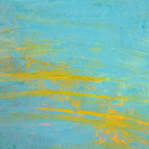 "Lost Light" by Steven McHugh  Image: Detail view of "Lost Light," an original oil and cold wax painting by Madeline Island artist Steve McHugh. This captivating piece in blues, yellow, and teal depicts the tranquil moment just after the sun sets, where gentle waves embrace the lingering yellow glow. As you admire the painting, Long Island emerges on the horizon, adding to its enchanting allure. Measuring 14.5" x 10.5" x 2.5", this artwork is  crafted on a wood panel and elegantly framed in a gallery floating frame. Perfect for art enthusiasts seeking to bring a touch of Madeline Island’s natural splendor into their space. Shipping and sales tax added after destination is determined.

This serene  abstract painting featuring a tranquil blue and aqua palette reminiscent of a seascape. The canvas transitions smoothly from a vivid blue sky at the top to lighter, more mixed hues of blue and aqua in the middle and bottom sections. A subtle, delicate horizontal band of muted greyish-blue runs across the upper third, suggesting a horizon line. Streaks and splashes of vibrant yellow intermingle with the lighter blues and aquas in the lower section of the painting, adding a sense of dynamic movement and texture, reminiscent of reflections or light patterns on water. The use of color and texture evokes a calming and contemplative coastal scene.