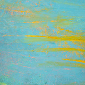 "Lost Light" by Steven McHugh  Image: Detail view of "Lost Light," an original oil and cold wax painting by Madeline Island artist Steve McHugh. This captivating piece in blues, yellow, and teal depicts the tranquil moment just after the sun sets, where gentle waves embrace the lingering yellow glow. As you admire the painting, Long Island emerges on the horizon, adding to its enchanting allure. Measuring 14.5" x 10.5" x 2.5", this artwork is  crafted on a wood panel and elegantly framed in a gallery floating frame. Perfect for art enthusiasts seeking to bring a touch of Madeline Island’s natural splendor into their space. Shipping and sales tax added after destination is determined.

This serene  abstract painting featuring a tranquil blue and aqua palette reminiscent of a seascape. The canvas transitions smoothly from a vivid blue sky at the top to lighter, more mixed hues of blue and aqua in the middle and bottom sections. A subtle, delicate horizontal band of muted greyish-blue runs across the upper third, suggesting a horizon line. Streaks and splashes of vibrant yellow intermingle with the lighter blues and aquas in the lower section of the painting, adding a sense of dynamic movement and texture, reminiscent of reflections or light patterns on water. The use of color and texture evokes a calming and contemplative coastal scene.