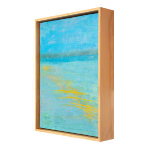 "Lost Light" by Steven McHugh  Image: Side view of "Lost Light," an original oil and cold wax painting by Madeline Island artist Steve McHugh. This captivating piece in blues, yellow, and teal depicts the tranquil moment just after the sun sets, where gentle waves embrace the lingering yellow glow. As you admire the painting, Long Island emerges on the horizon, adding to its enchanting allure. Measuring 14.5" x 10.5" x 2.5", this artwork is  crafted on a wood panel and elegantly framed in a gallery floating frame. Perfect for art enthusiasts seeking to bring a touch of Madeline Island’s natural splendor into their space. Shipping and sales tax added after destination is determined.

This serene  abstract painting featuring a tranquil blue and aqua palette reminiscent of a seascape. The canvas transitions smoothly from a vivid blue sky at the top to lighter, more mixed hues of blue and aqua in the middle and bottom sections. A subtle, delicate horizontal band of muted greyish-blue runs across the upper third, suggesting a horizon line. Streaks and splashes of vibrant yellow intermingle with the lighter blues and aquas in the lower section of the painting, adding a sense of dynamic movement and texture, reminiscent of reflections or light patterns on water. The use of color and texture evokes a calming and contemplative coastal scene.